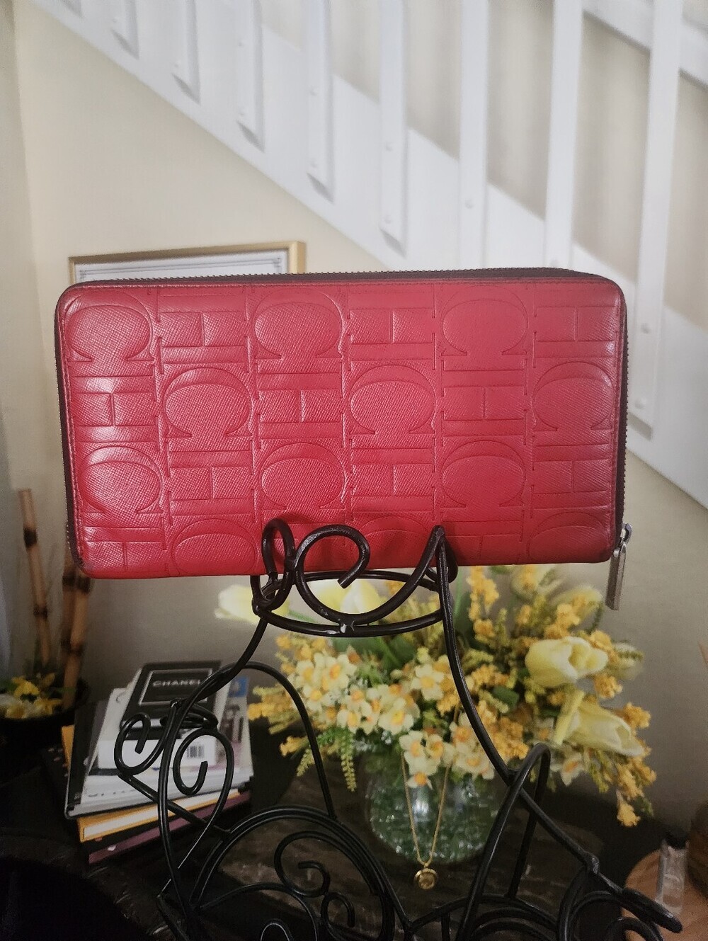 Carolina Herrera red monogram embossed leather zip around wallet